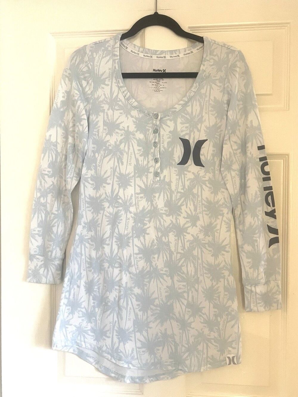 Hurley Sleep Nightgown Dress Womens Small S Blue Palm Tree Henley Long Sleeve
